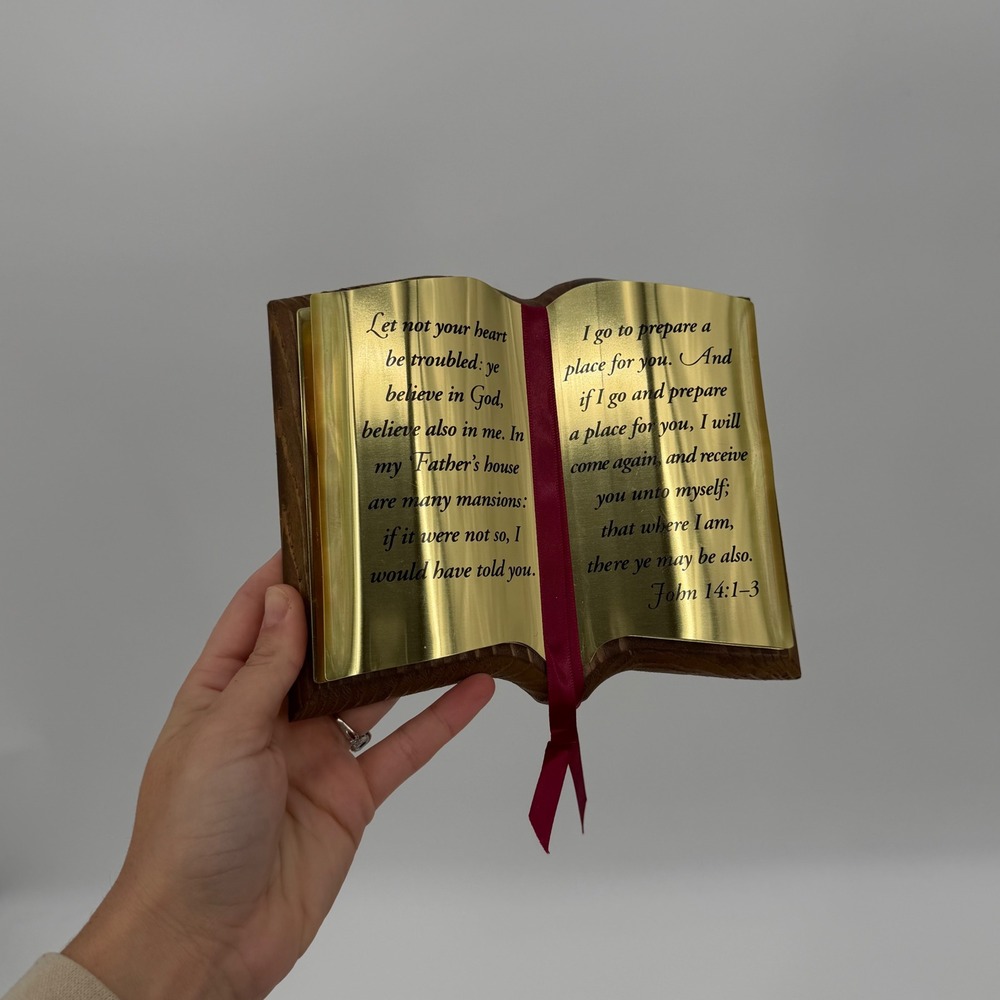 Vintage Wooden Open Book Scripture Wall Plaque Gold Tone John 14:1-3 Decor